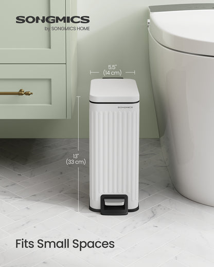 Designer Fluted Bathroom Trash Can - 1.6-Gallon Stainless Steel Bin with Soft-Close Lid & Pedal, Slim Space-Saving, Matte White