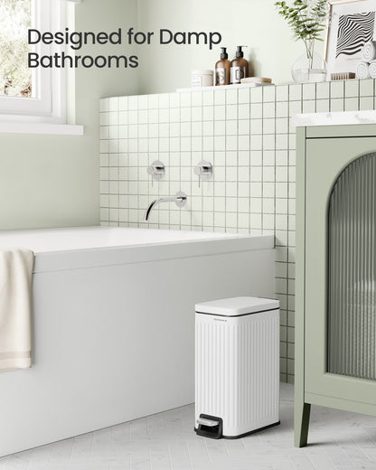 Designer Fluted Bathroom Trash Can - 1.6-Gallon Stainless Steel Bin with Soft-Close Lid & Pedal, Slim Space-Saving, Matte White