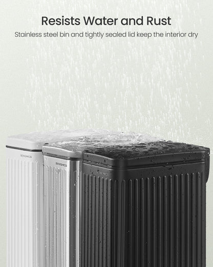 Designer Fluted Bathroom Trash Can - 1.6-Gallon Stainless Steel Bin with Soft-Close Lid & Pedal, Slim Space-Saving, Matte White