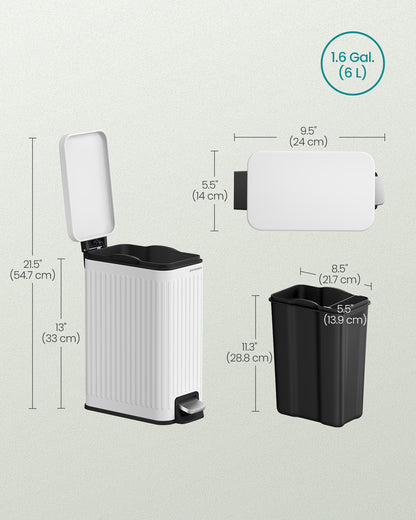Designer Fluted Bathroom Trash Can - 1.6-Gallon Stainless Steel Bin with Soft-Close Lid & Pedal, Slim Space-Saving, Matte White