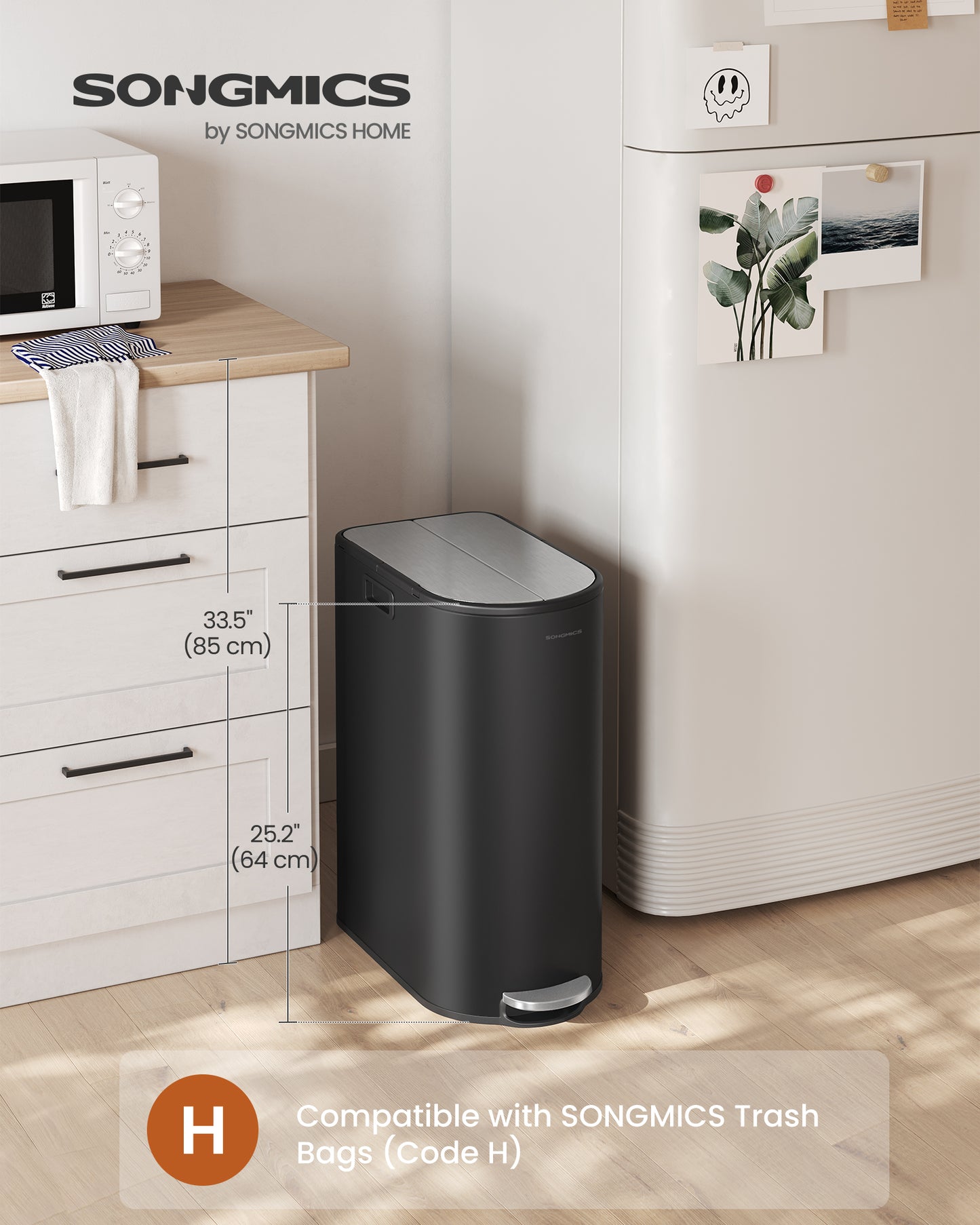 13-Gallon Dual Kitchen Trash Can,Garbage Can with Wing Lids, Stainless Steel, Soft Close, Inner Buckets Ink Black and Metallic Silver