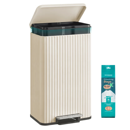 SONGMICS Trash Can, 13 Gallon (50 L) Garbage Can for Kitchen, with Lid, Pedal, and Removable Inner Bucket, Soft Close, Stainless Steel, 15 Trash Bags (Code K) Included, Cream White