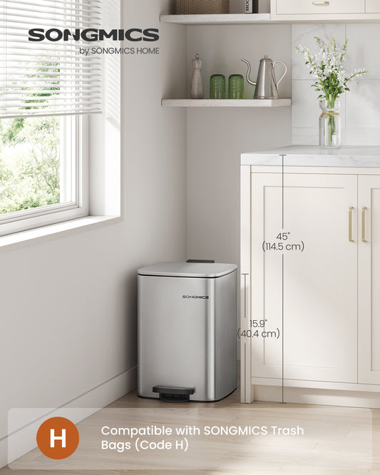 Kitchen Trash Can, 5.2-Gallon (20 L) Trash Bin, Stainless Steel Garbage Can, with Inner Bucket, Soft Close and Stays Open, Metallic Silver