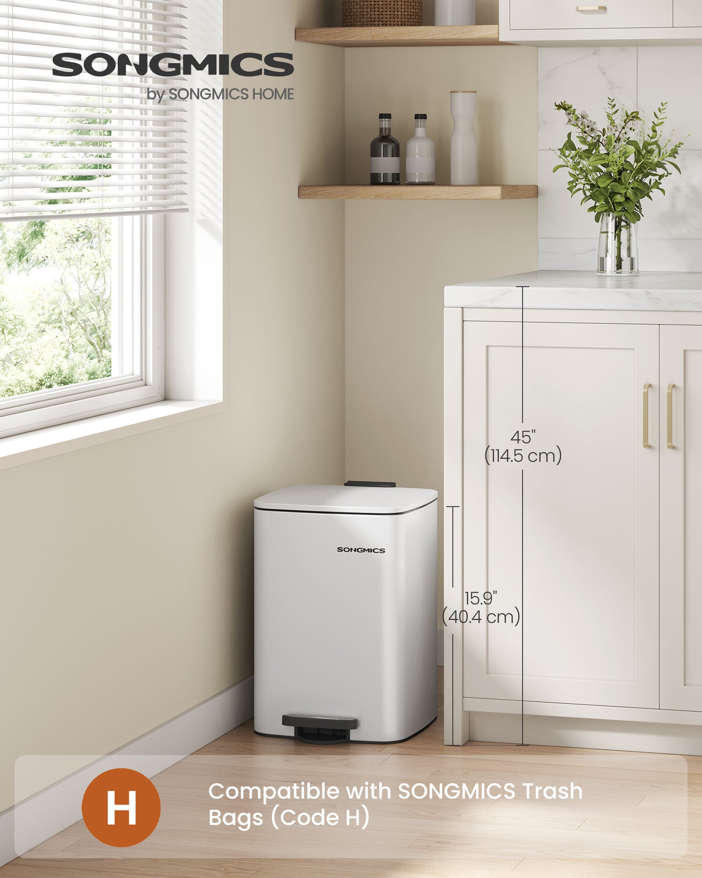 Kitchen Trash Can, 5.2-Gallon (20 L) Trash Bin, Stainless Steel Garbage Can, with Inner Bucket, Soft Close and Stays Open, Cloud White