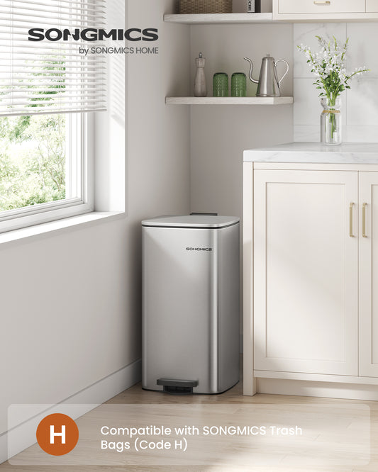 8-Gallon (30 L) Kitchen Trash Can, Trash Bin, Stainless Steel Garbage Can, with Inner Bucket, Soft Close and Stays Open, Metallic Silver