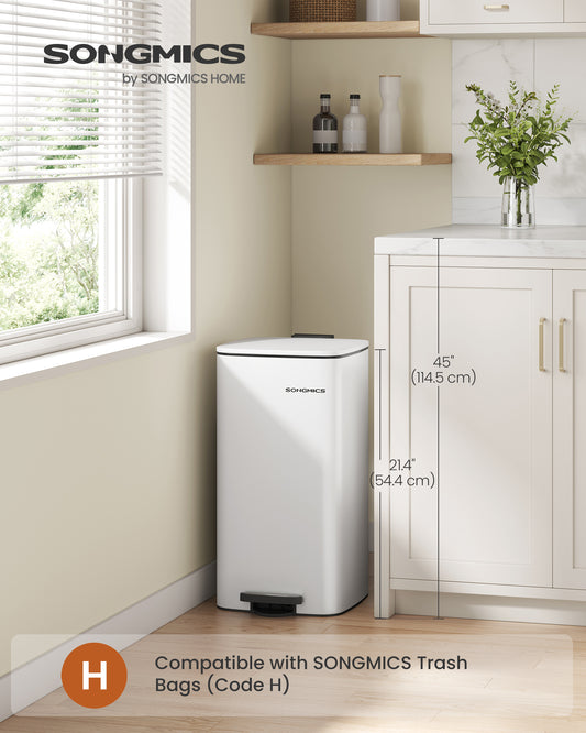 8-Gallon (30 L) Kitchen Trash Can, Trash Bin, Stainless Steel Garbage Can, with Inner Bucket, Soft Close and Stays Open, Cloud White