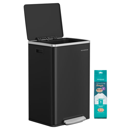 Trash Can, 13-Gallon Gabbage Can, with 15 Trash Bags, Steel, with Soft-Close Lid, Removable Inner Bucket, Handles, Ink Black