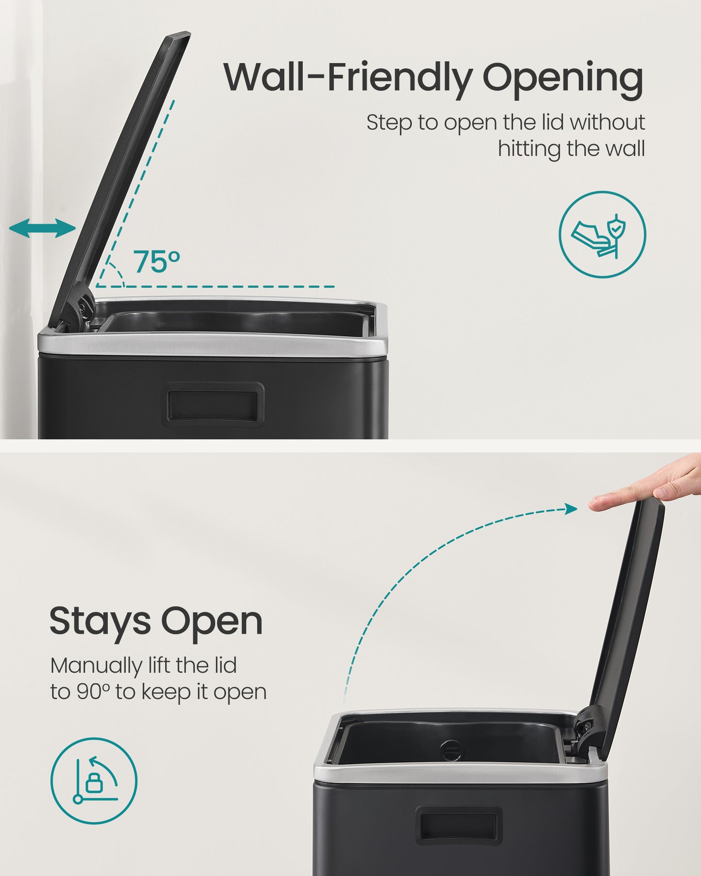 Trash Can, 13-Gallon Gabbage Can, with 15 Trash Bags, Steel, with Soft-Close Lid, Removable Inner Bucket, Handles, Ink Black