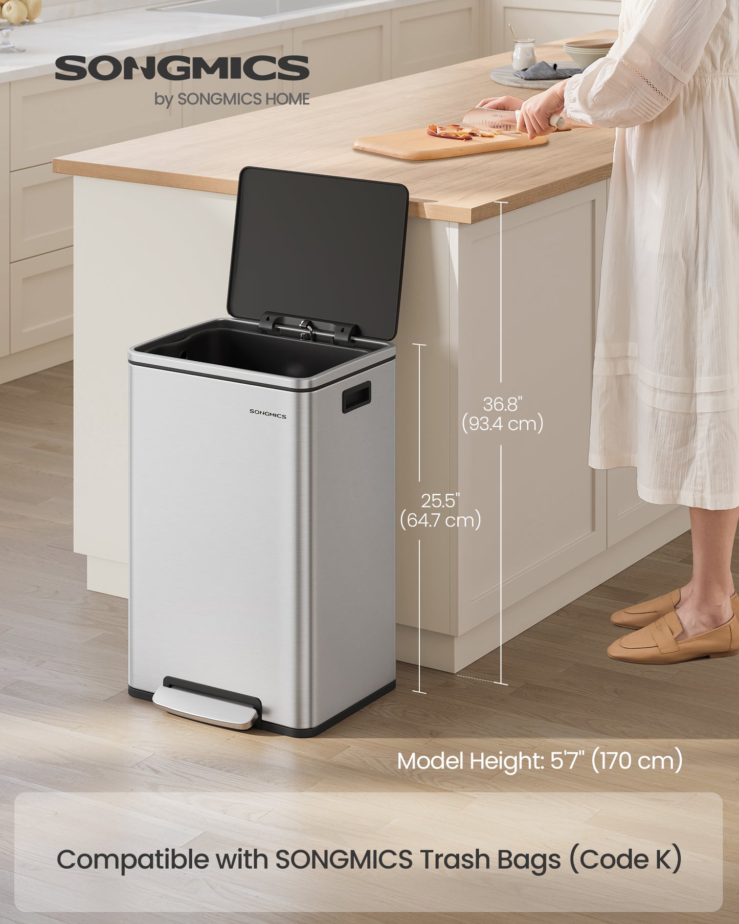 13 Gallon Stainless Steel Trash Can with Soft-Close Lid - Includes 15 Bags, Foot Pedal, Removable Bucket, Silver