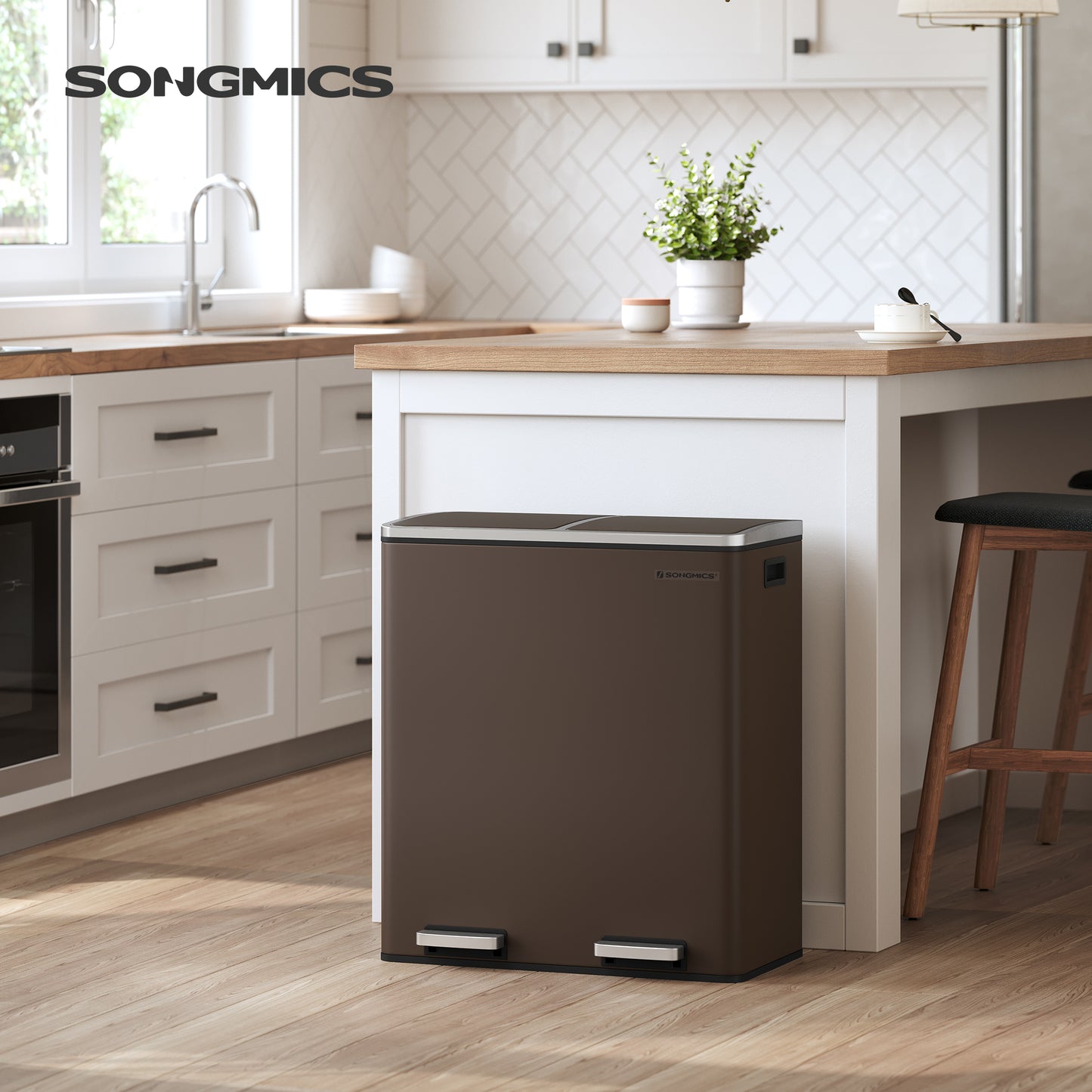 SONGMICS Trash Garbage Can, 16 Gal Rubbish, Metal Step Bin, with Dual Compartments, Soft Closure, Airtight, Brown