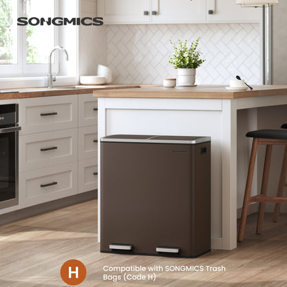 SONGMICS Trash Garbage Can, 16 Gal Rubbish, Metal Step Bin, with Dual Compartments, Soft Closure, Airtight, Brown