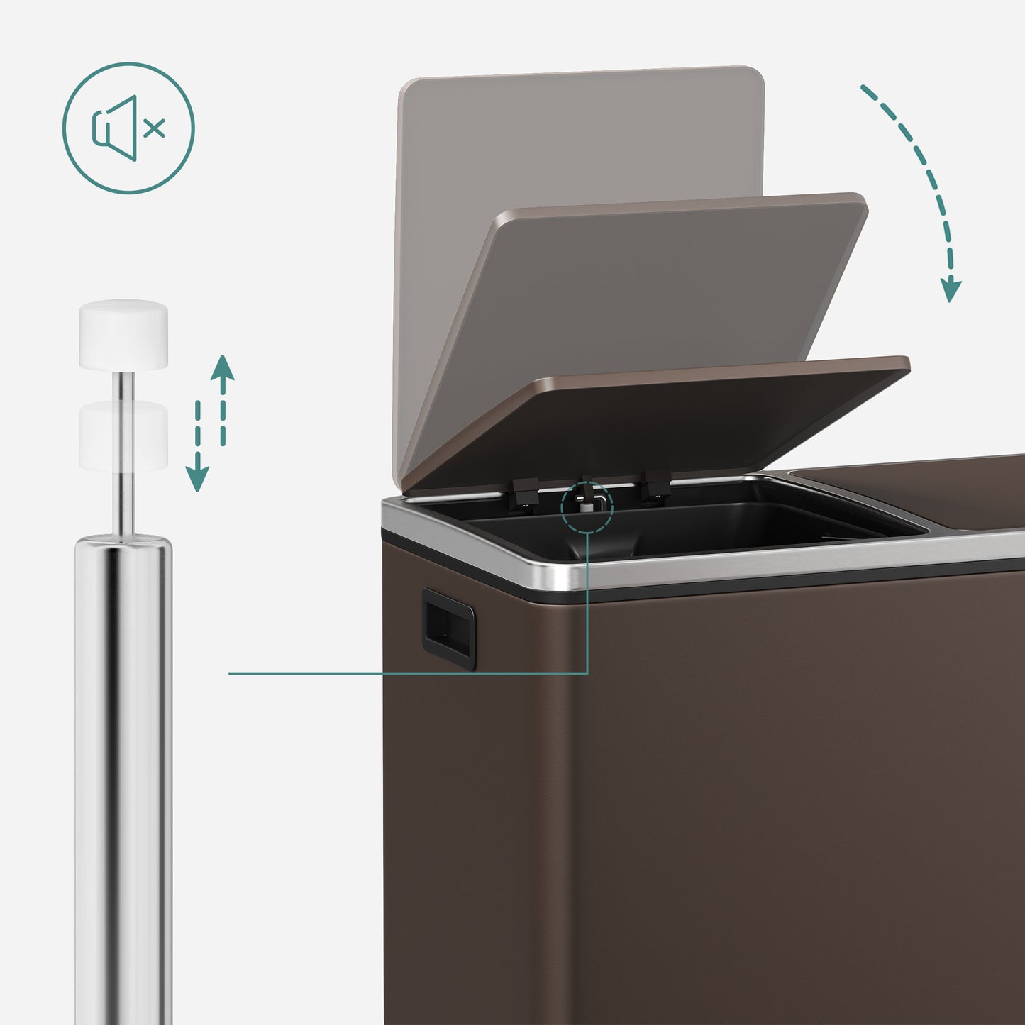 SONGMICS Trash Garbage Can, 16 Gal Rubbish, Metal Step Bin, with Dual Compartments, Soft Closure, Airtight, Brown
