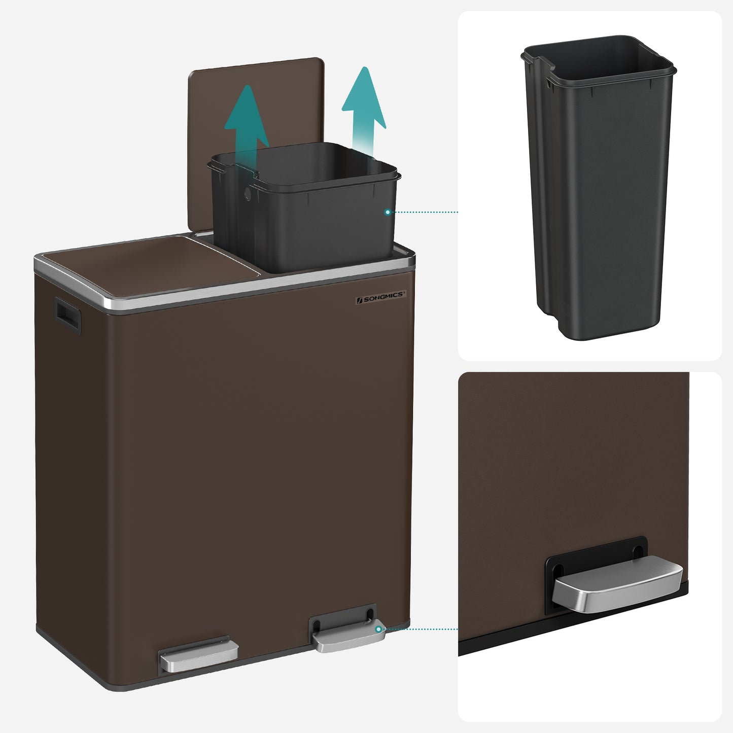 SONGMICS Trash Garbage Can, 16 Gal Rubbish, Metal Step Bin, with Dual Compartments, Soft Closure, Airtight, Brown