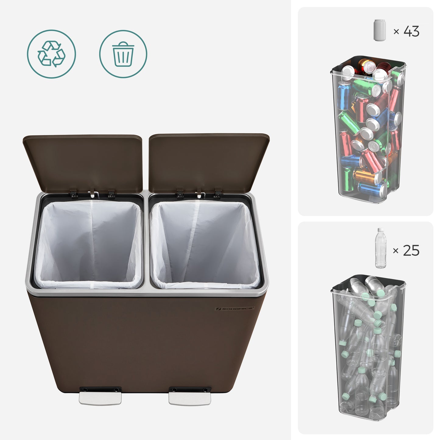 SONGMICS Trash Garbage Can, 16 Gal Rubbish, Metal Step Bin, with Dual Compartments, Soft Closure, Airtight, Brown