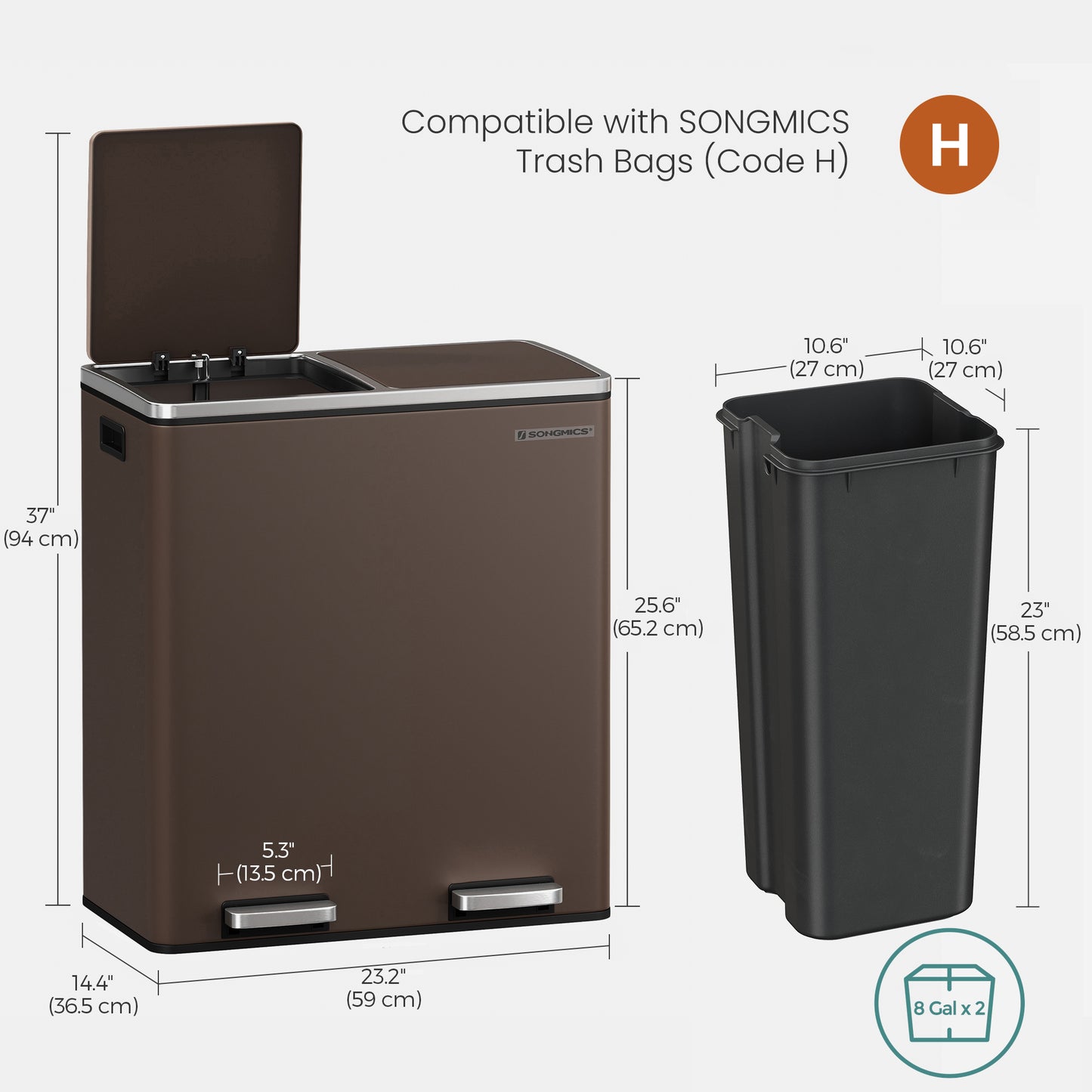 SONGMICS Trash Garbage Can, 16 Gal Rubbish, Metal Step Bin, with Dual Compartments, Soft Closure, Airtight, Brown