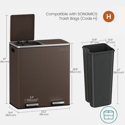 SONGMICS Trash Garbage Can, 16 Gal Rubbish, Metal Step Bin, with Dual Compartments, Soft Closure, Airtight, Brown