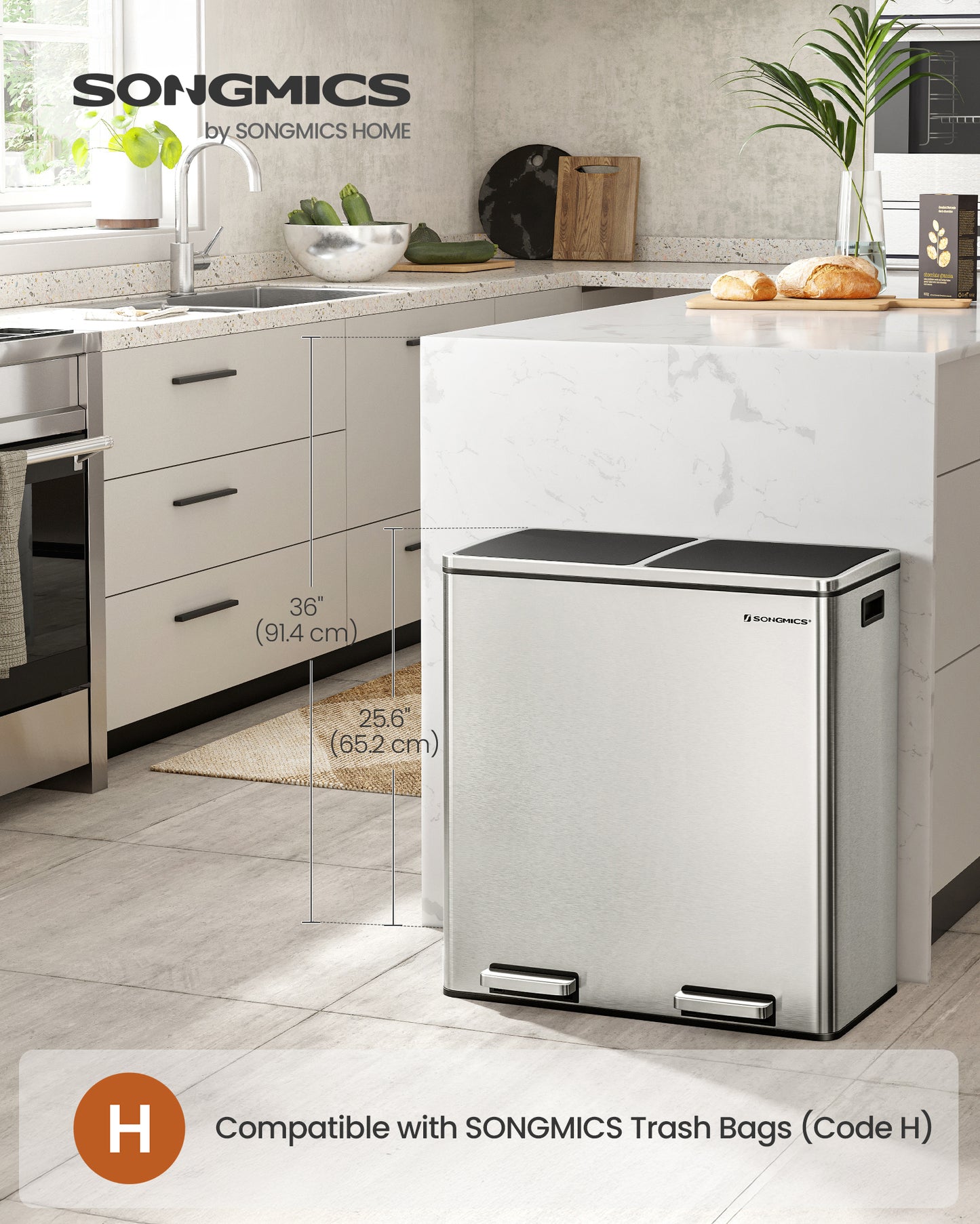 SONGMICS Trash Can, 2 x 8-Gallon Garbage Can for Kitchen, with 15 Trash Bags, 2 Compartments, Airtight, Silver and Black