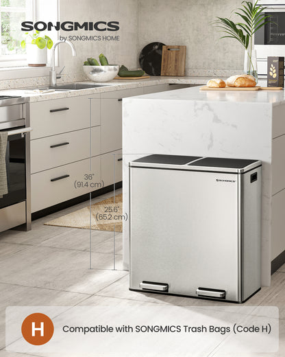 SONGMICS Trash Can, 2 x 8-Gallon Garbage Can for Kitchen, with 15 Trash Bags, 2 Compartments, Airtight, Silver and Black