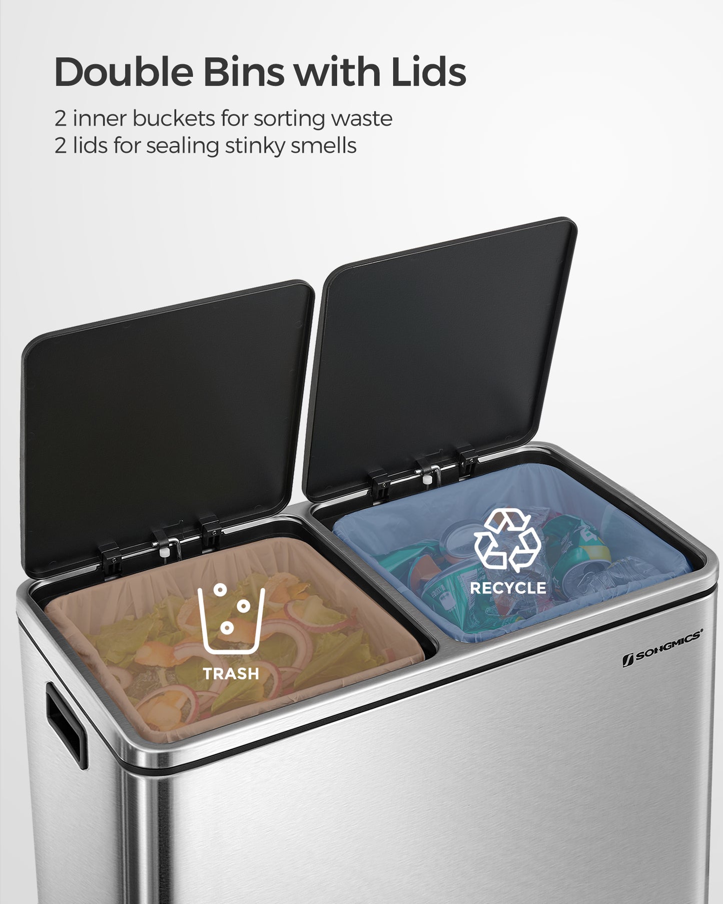 SONGMICS Trash Can, 2 x 8-Gallon Garbage Can for Kitchen, with 15 Trash Bags, 2 Compartments, Airtight, Silver and Black