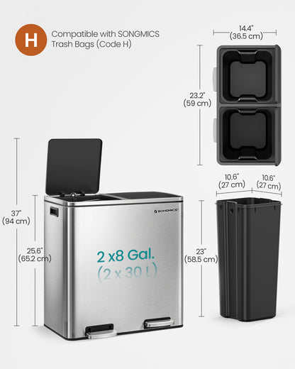 SONGMICS Trash Can, 2 x 8-Gallon Garbage Can for Kitchen, with 15 Trash Bags, 2 Compartments, Airtight, Silver and Black