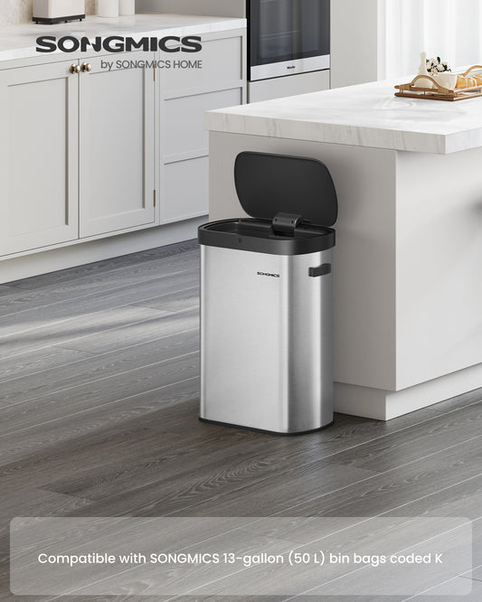 13 Gallon Automatic Trash Can - Motion/Touch Sensor, Stainless Steel, Soft-Close Lid, Includes 15 Bags, Metallic Silver and Ink Black