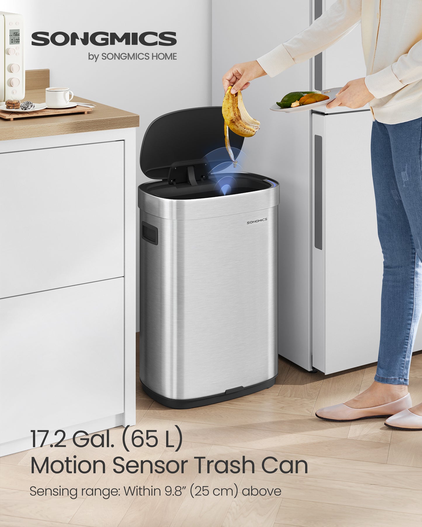 Kitchen Trash Can, 17.2-Gallon (65 L) Motion Sensor Garbage Can, Stainless Steel Trash Bin, Ozone Odor Control, Stay-Open, Metallic Silver