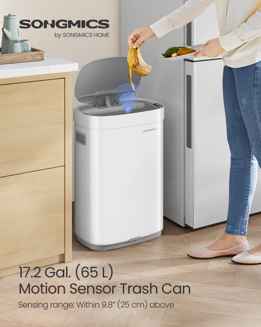 17.2-Gallon (65 L) Kitchen Trash Can, Motion Sensor Garbage Can, Stainless Steel Trash Bin, Ozone Odor Control, Stay-Open, Cloud White