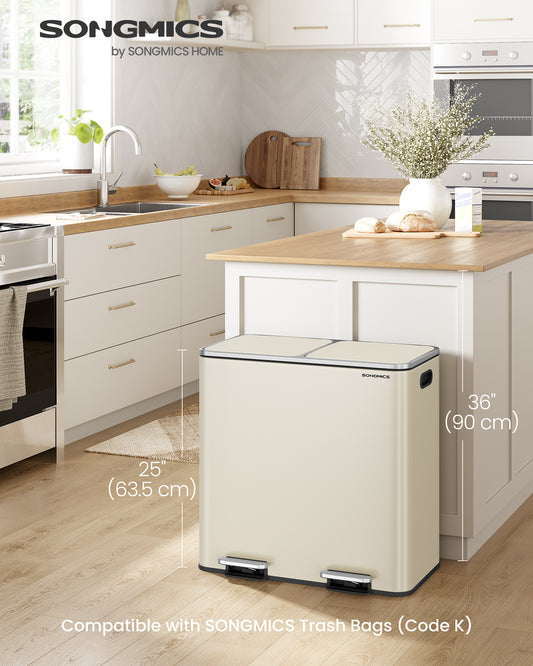 Dual 10.6-Gallon Kitchen Trash Can - Stainless Steel with 180K-Step Pedal, Airtight Lids & 15 Bags, Almond Color