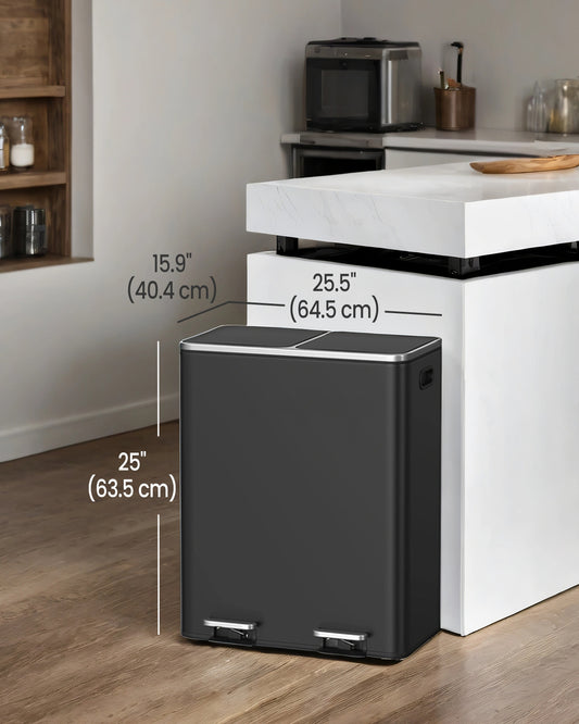 10.6 Gallon Dual Compartment Trash Can - Hands-Free Pedal Kitchen Bin with 15 Bags, Airtight Lids & Removable Buckets, Black