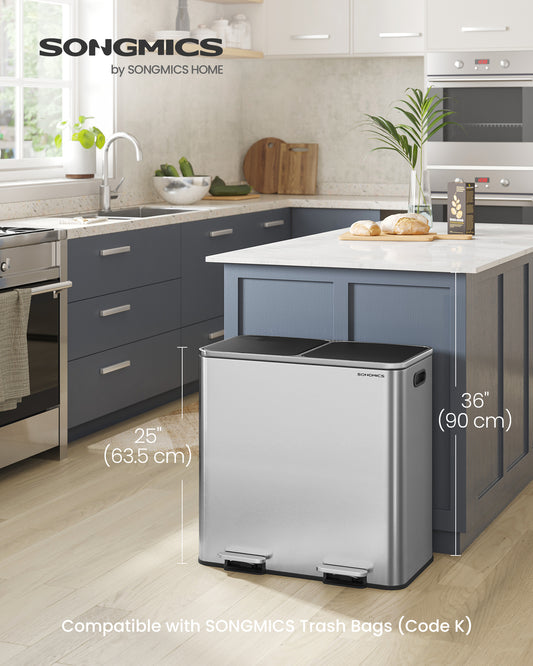 10.6-Gallon Dual Compartment Trash Can - Stainless Steel Kitchen Bin with Pedal, Airtight Lids & 15 Bags, Silver/Black