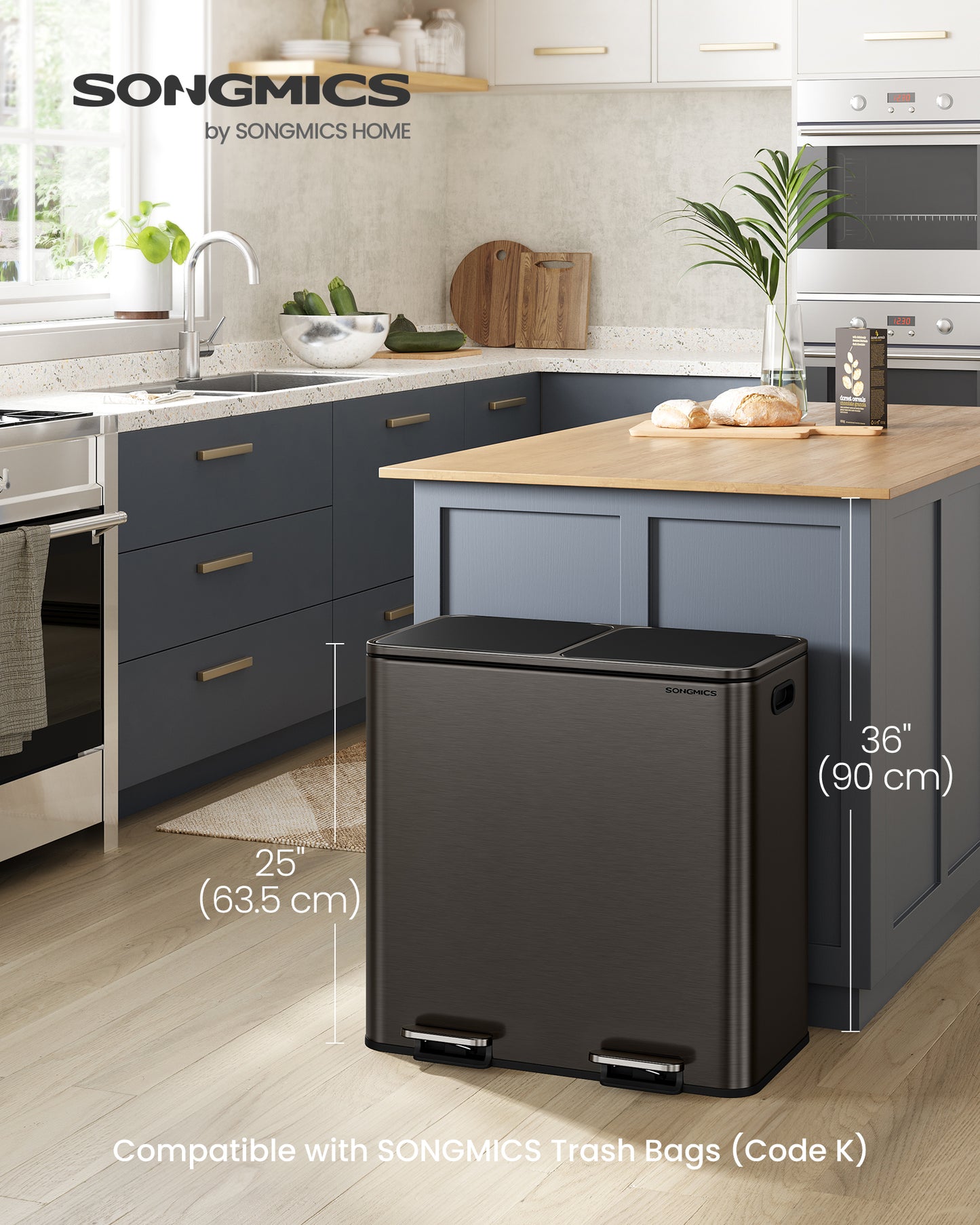 10.6-Gallon Dual Compartment Trash Can - Stainless Steel Kitchen Bin with 180K-Step Pedal & Airtight Lids, Slate Gray