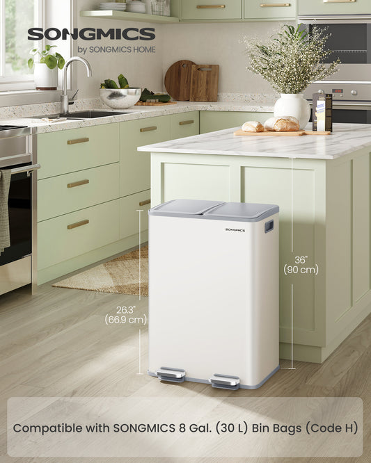 8-Gallon Dual Compartment Trash Can - Stainless Steel Kitchen Bin with Soft-Close Lid, Pedal & 15 Bags, Matte White