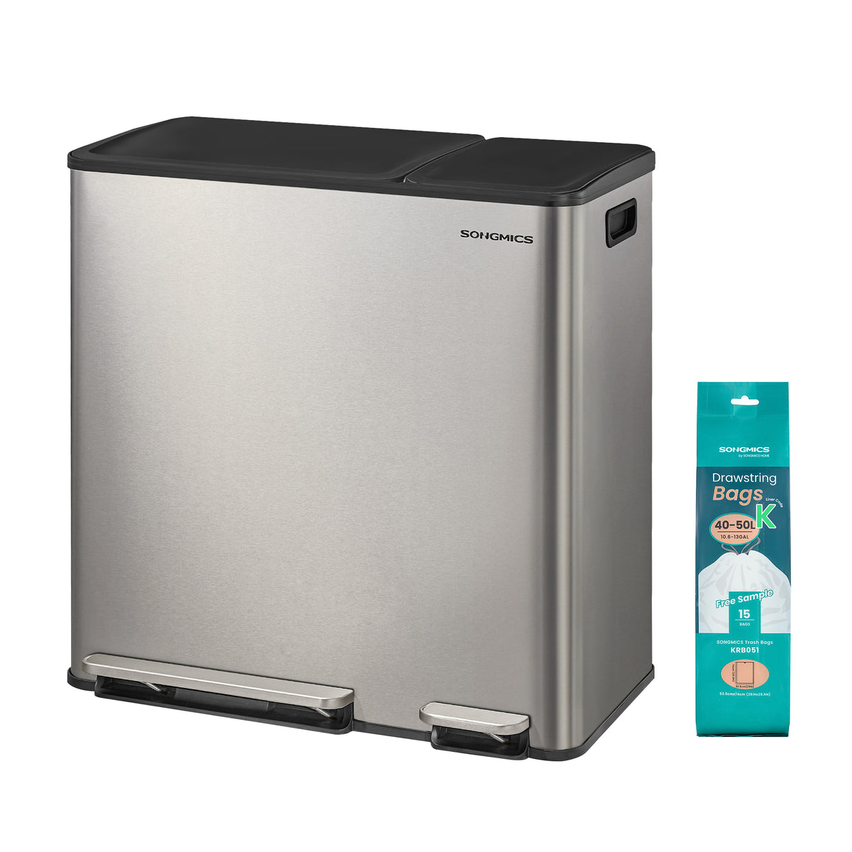 SONGMICS Trash Can, 13.2 + 5.3 Gallon (50 + 20 L) Dual-Compartment Garbage Can with Soft-Close Lid, Pedal and Inner Buckets, PP Plastic, ABS Plastic, Stainless Steel, PE Plastic, Includes 15 Liner Bags, Silver