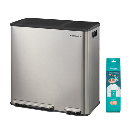 SONGMICS Trash Can, 13.2 + 5.3 Gallon (50 + 20 L) Dual-Compartment Garbage Can with Soft-Close Lid, Pedal and Inner Buckets, PP Plastic, ABS Plastic, Stainless Steel, PE Plastic, Includes 15 Liner Bags, Silver