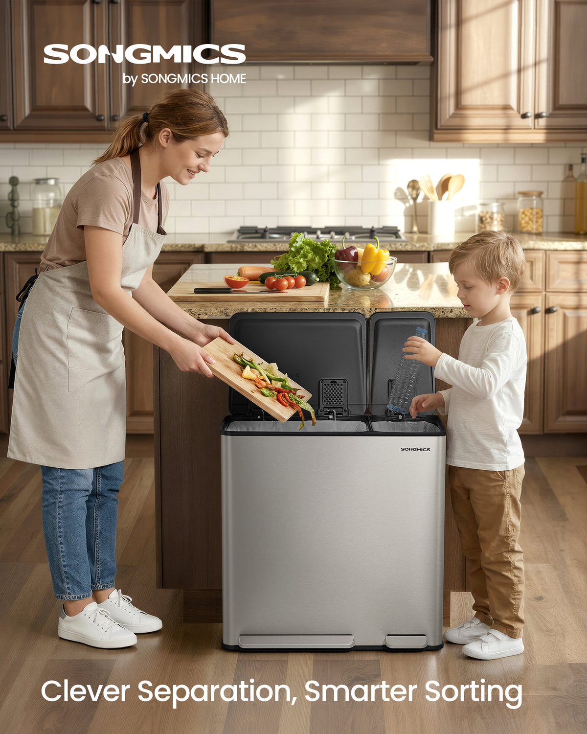 SONGMICS Trash Can, 13.2 + 5.3 Gallon (50 + 20 L) Dual-Compartment Garbage Can with Soft-Close Lid, Pedal and Inner Buckets, PP Plastic, ABS Plastic, Stainless Steel, PE Plastic, Includes 15 Liner Bags, Silver