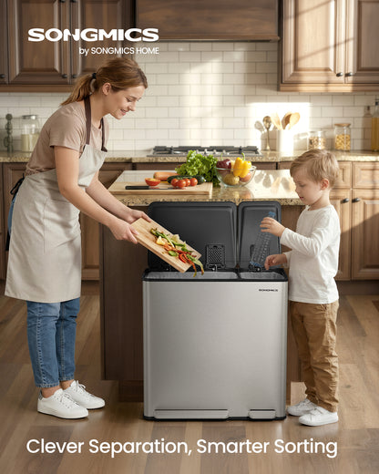 SONGMICS Trash Can, 13.2 + 5.3 Gallon (50 + 20 L) Dual-Compartment Garbage Can with Soft-Close Lid, Pedal and Inner Buckets, PP Plastic, ABS Plastic, Stainless Steel, PE Plastic, Includes 15 Liner Bags, Silver