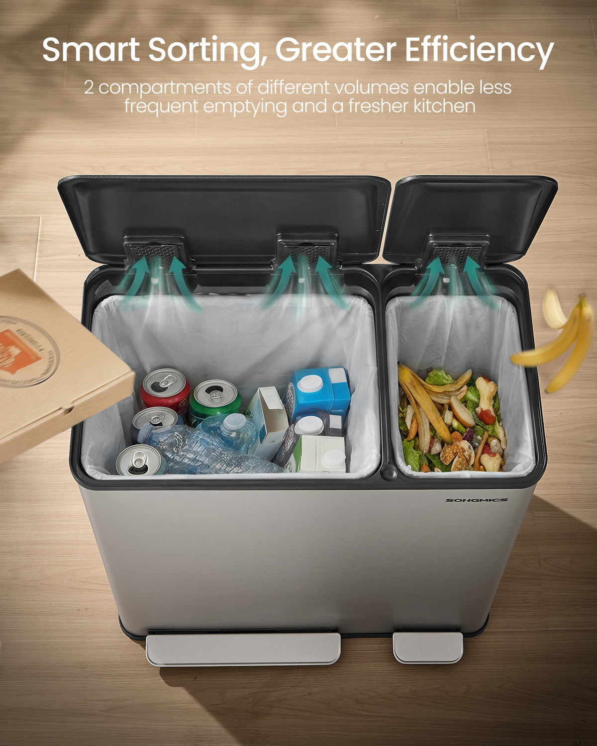 SONGMICS Trash Can, 13.2 + 5.3 Gallon (50 + 20 L) Dual-Compartment Garbage Can with Soft-Close Lid, Pedal and Inner Buckets, PP Plastic, ABS Plastic, Stainless Steel, PE Plastic, Includes 15 Liner Bags, Silver