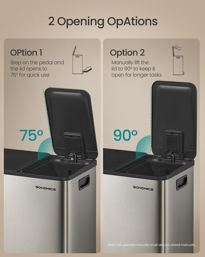 SONGMICS Trash Can, 13.2 + 5.3 Gallon (50 + 20 L) Dual-Compartment Garbage Can with Soft-Close Lid, Pedal and Inner Buckets, PP Plastic, ABS Plastic, Stainless Steel, PE Plastic, Includes 15 Liner Bags, Silver