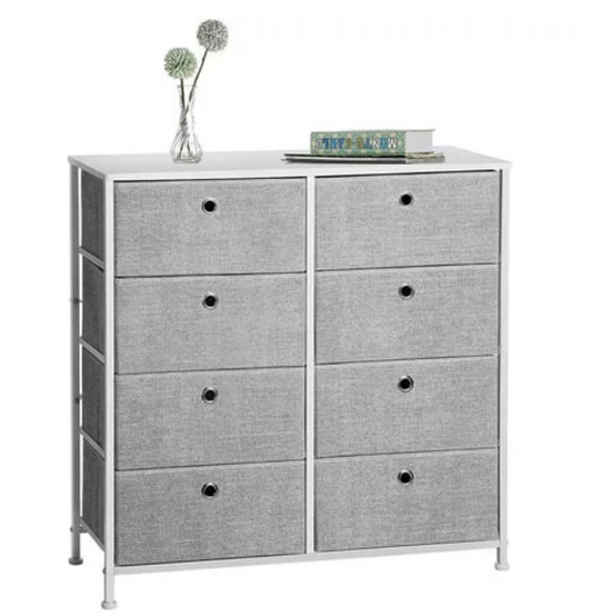 SONGMICS 4-Tier Storage Dresser with 8 Easy Pull Fabric Drawers and Wooden Tabletop for Closets Nursery Dorm Room Light Gray and White