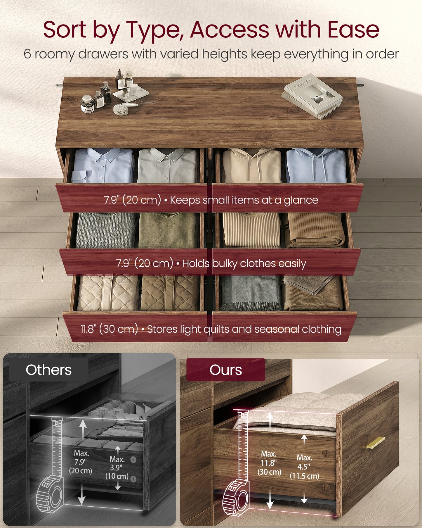 VASAGLE Custos Collection - Dresser for Bedroom, Chest of Drawers for Closet, Modern Style, TV Stand for Living Room, 6 Drawers, Walnut Brow