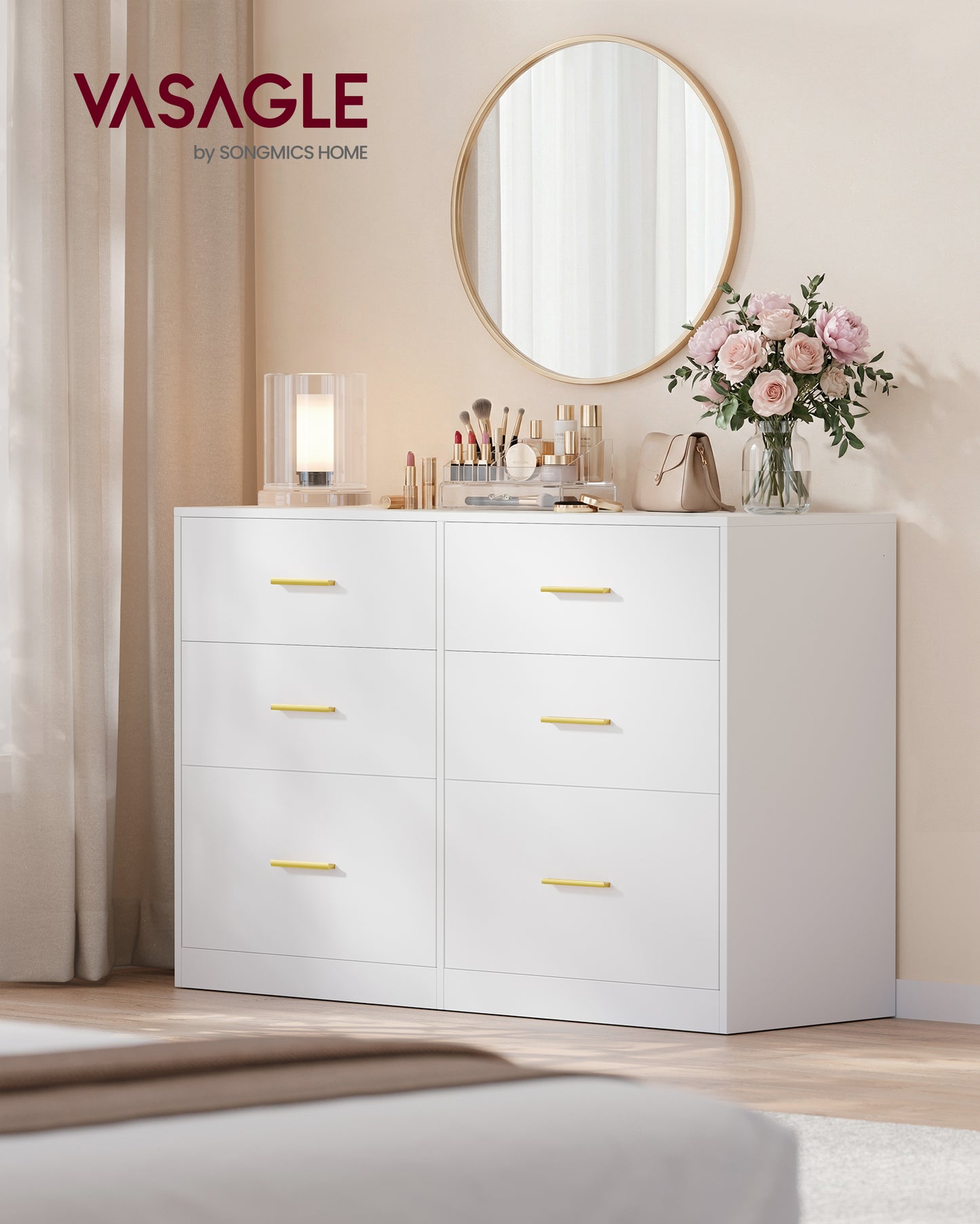 VASAGLE CUSTOS Collection - Dresser for Bedroom, Chest of Drawers for Closet, Modern Style, TV Stand for Living Room, 6 Drawers, 15.8 x 46.9 x 30.7 Inches, Cloud White