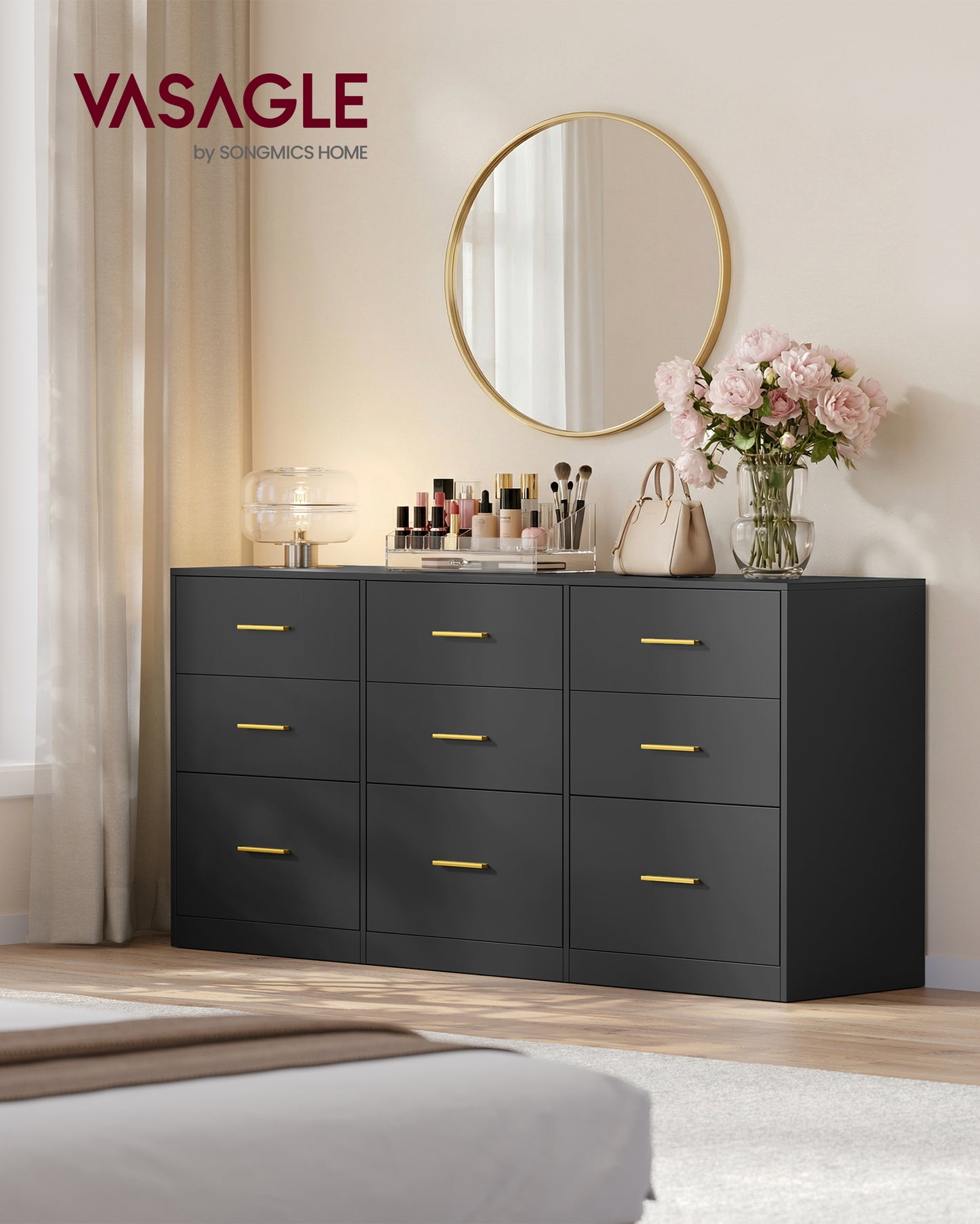VASAGLE CUSTOS Collection - Dresser for Bedroom, Chest of Drawers for Closet, Modern Style, TV Stand, 15.8 x 63 x 30.7 Inches, Ink Black