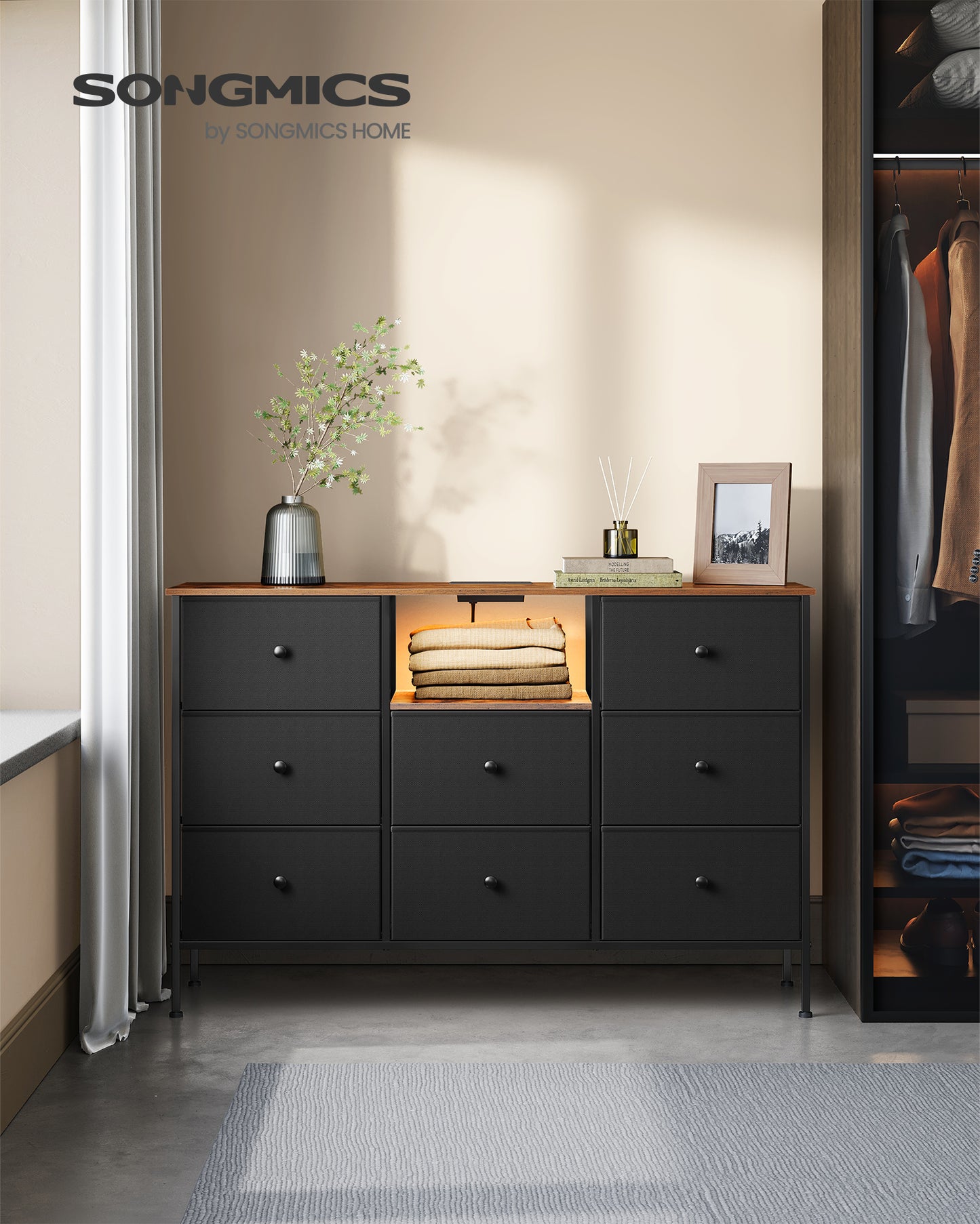 Multifunctional Fabric Dresser with LED Lights and Power Outlets - 8-Drawer Chest of Drawers and TV Stand Combo