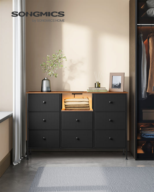 Multifunctional Fabric Dresser with LED Lights and Power Outlets - 8-Drawer Chest of Drawers and TV Stand Combo