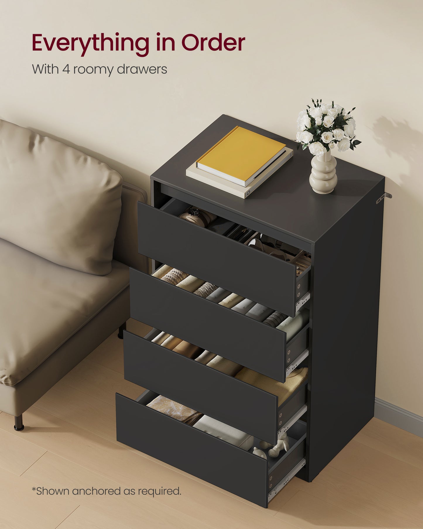VASAGLE 4-Drawer Dresser, Modern Minimalist Storage Tower Unit, Chest of Drawers for Organizing, 15.7 x 23.6 x 38.3 Inches, Ebony Black