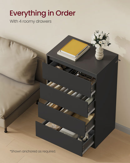 VASAGLE 4-Drawer Dresser, Modern Minimalist Storage Tower Unit, Chest of Drawers for Organizing, 15.7 x 23.6 x 38.3 Inches, Ebony Black