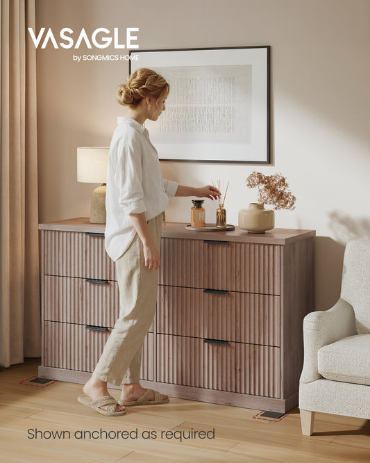 6-Drawer Double Dresser for Bedroom, 54.2" Wide Chest of Drawers with Fluted Panels, Transitional Storage Dresser, Gray