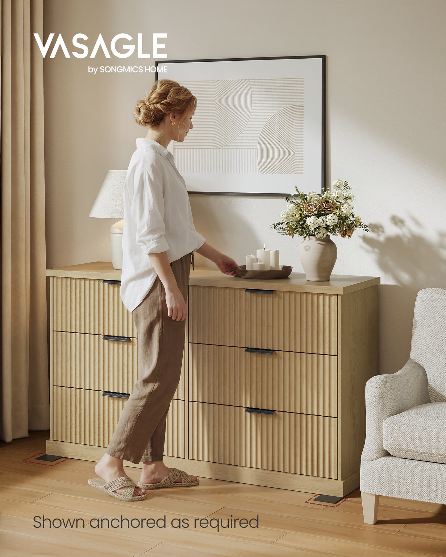 VASAGLE 6-Drawer Double Dresser for Bedroom, 54.2" Wide Chest of Drawers with Fluted Panels, Transitional Storage Dresser, Beige