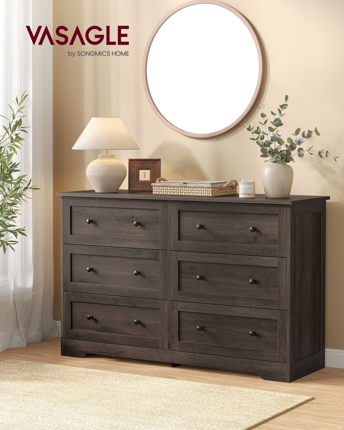 VASAGLE 6-Drawer Dresser, Engineered Wood Chest of Drawers, Large Capacity Storage Cabinet, 47.2 x 15.7 x 30.7 in, Taupe Brown, Siren Collection