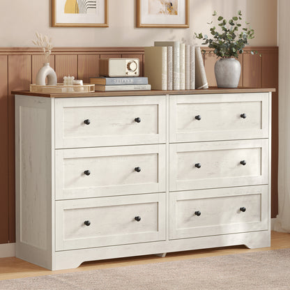 VASAGLE 6-Drawer Dresser, Engineered Wood Chest of Drawers, Large Capacity, 47.2 x 15.7 x 30.7 in, Rustic White and Honey Brown, Siren Collection